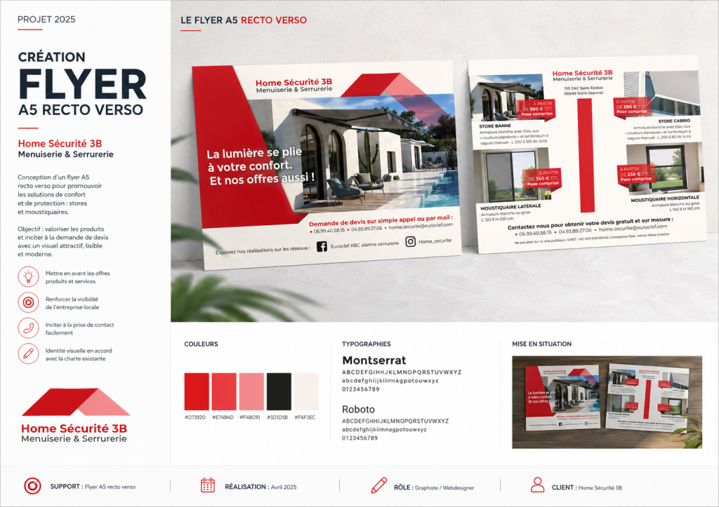 Planche tendance pour la création d'un flyer recto verso format A5 pour la société Home sécurité