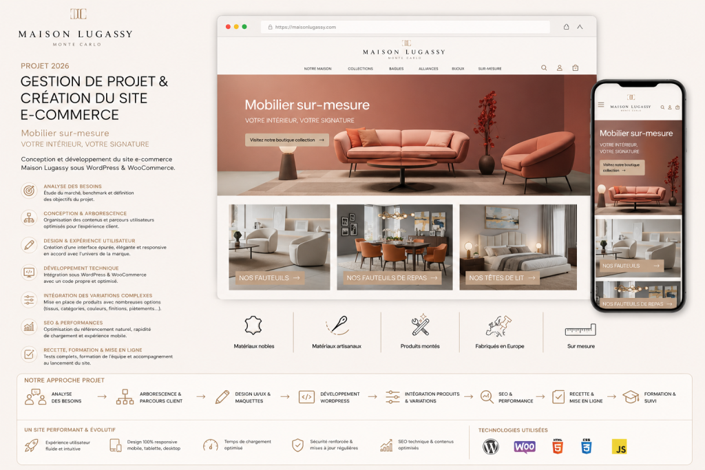 Planche de présentation du travail en gestion de projet pour la fabrication de l'identité visuelle et le site e-commerce pour Maison Lugassy