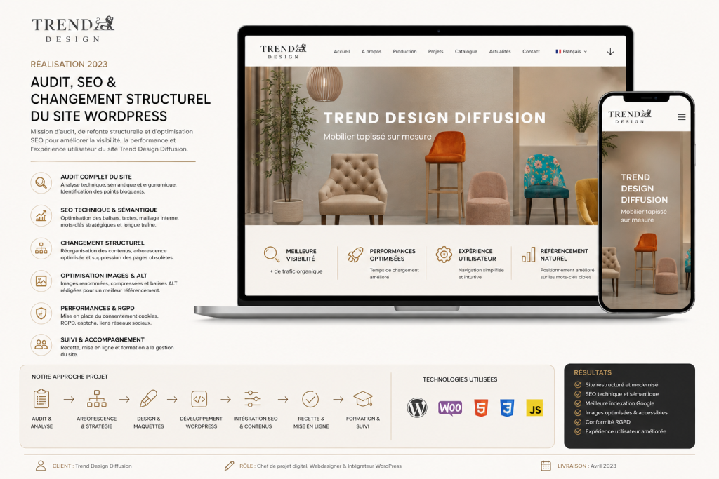 Planche de présentation du travail en SEO effectué pour la société Trend Design