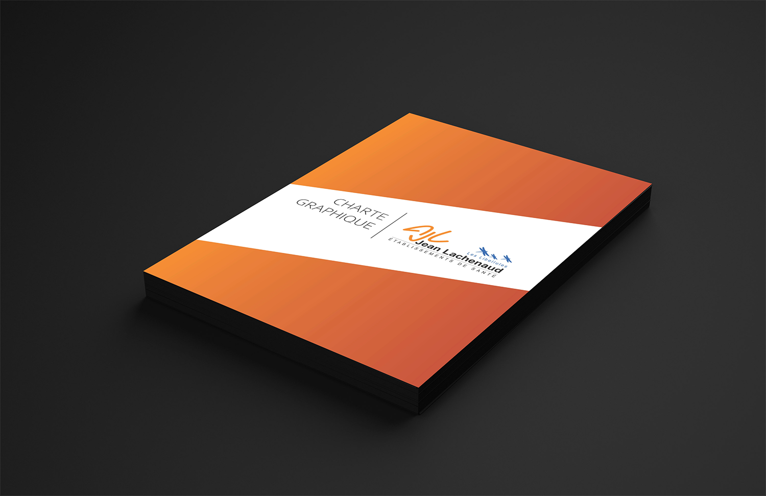 Couverture de brochure orange qui représente la charte graphique réalisée pour les établissements de santé AJL Lachenaud de Fréjus