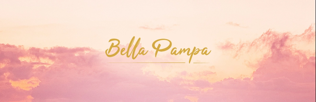 Introduction du site Bella Pampa avec un fond de nuage rose poudré