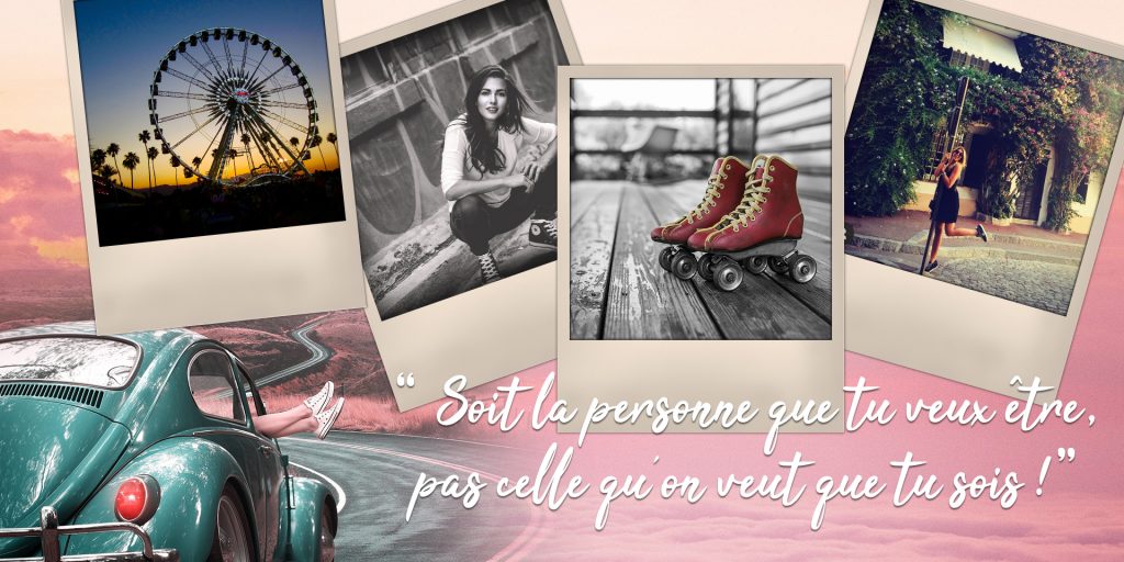 Image de cochella, rollers, femme libre avec un fond rose poudré et une coccinelle pour partir à l'aventure